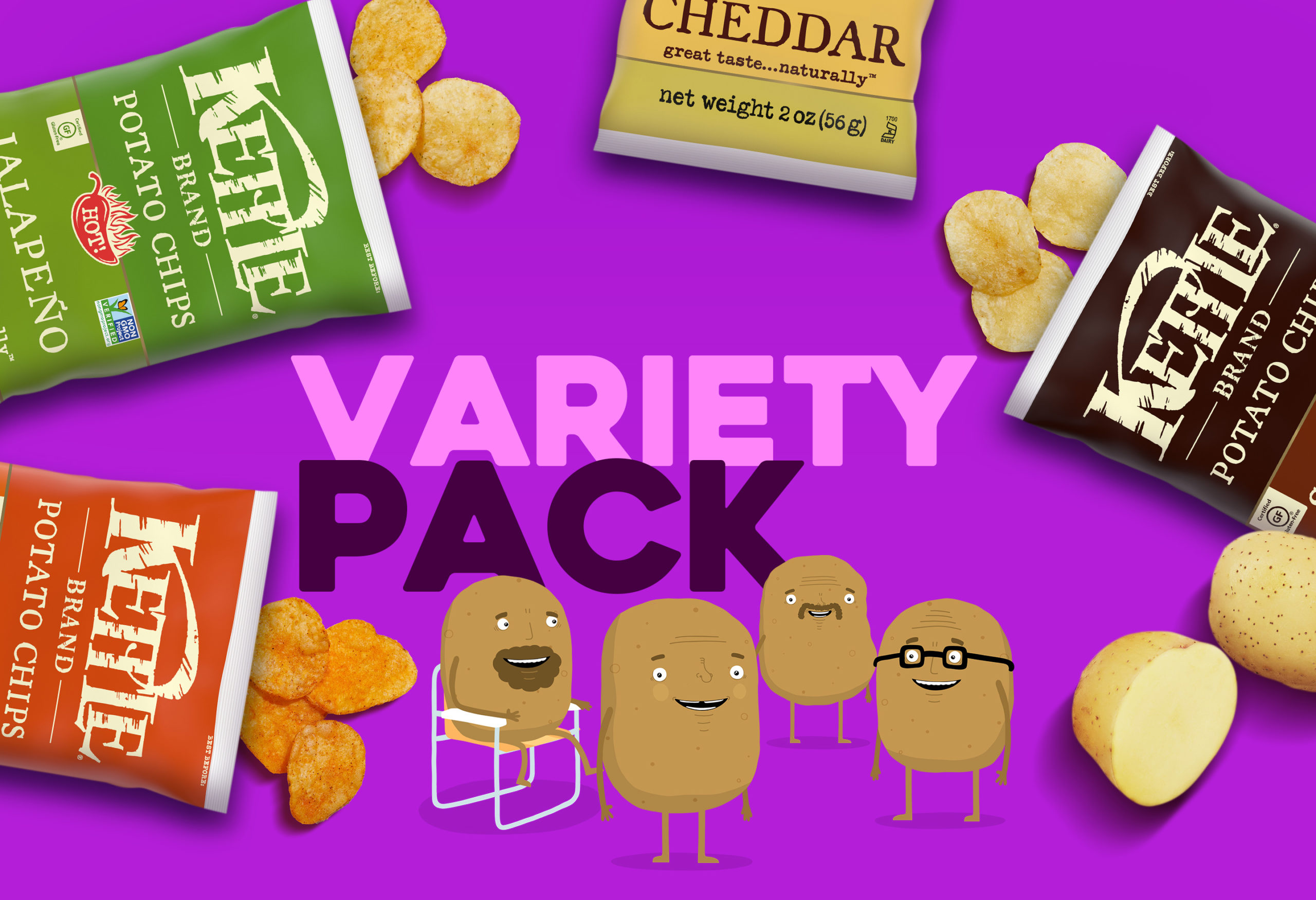Sea Salt, Cheddar, Barbeque, and Jalapeno Kettle Chips Variety Pack