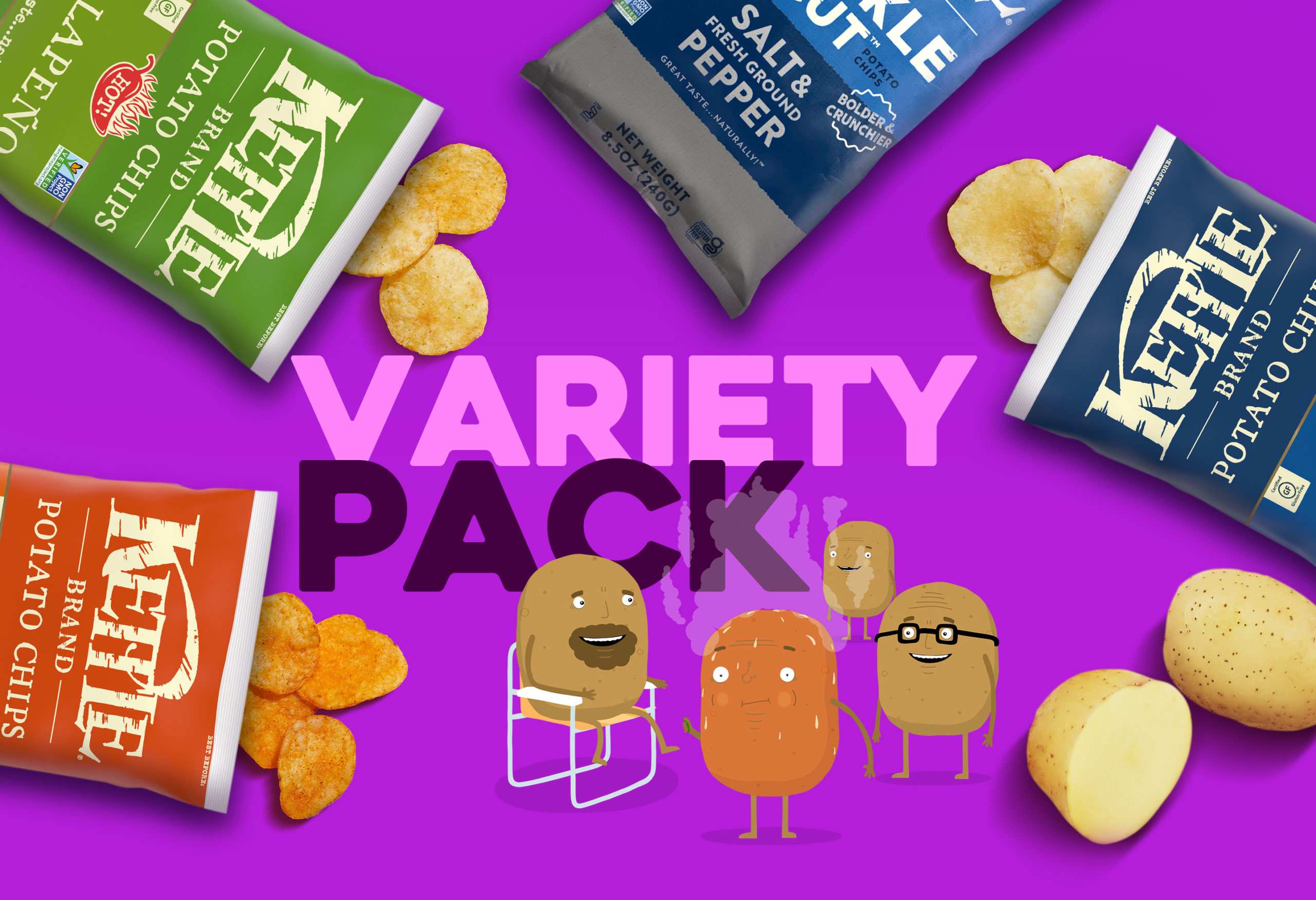 Sea Salt & Vinegar, Krinkle Cut Salt & Pepper, Barbeque, and Jalapeno Kettle Chips